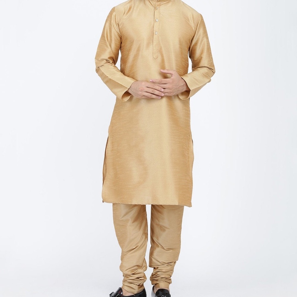 Handmade Raw Silk Gold Kurta Pyjama Set For Men